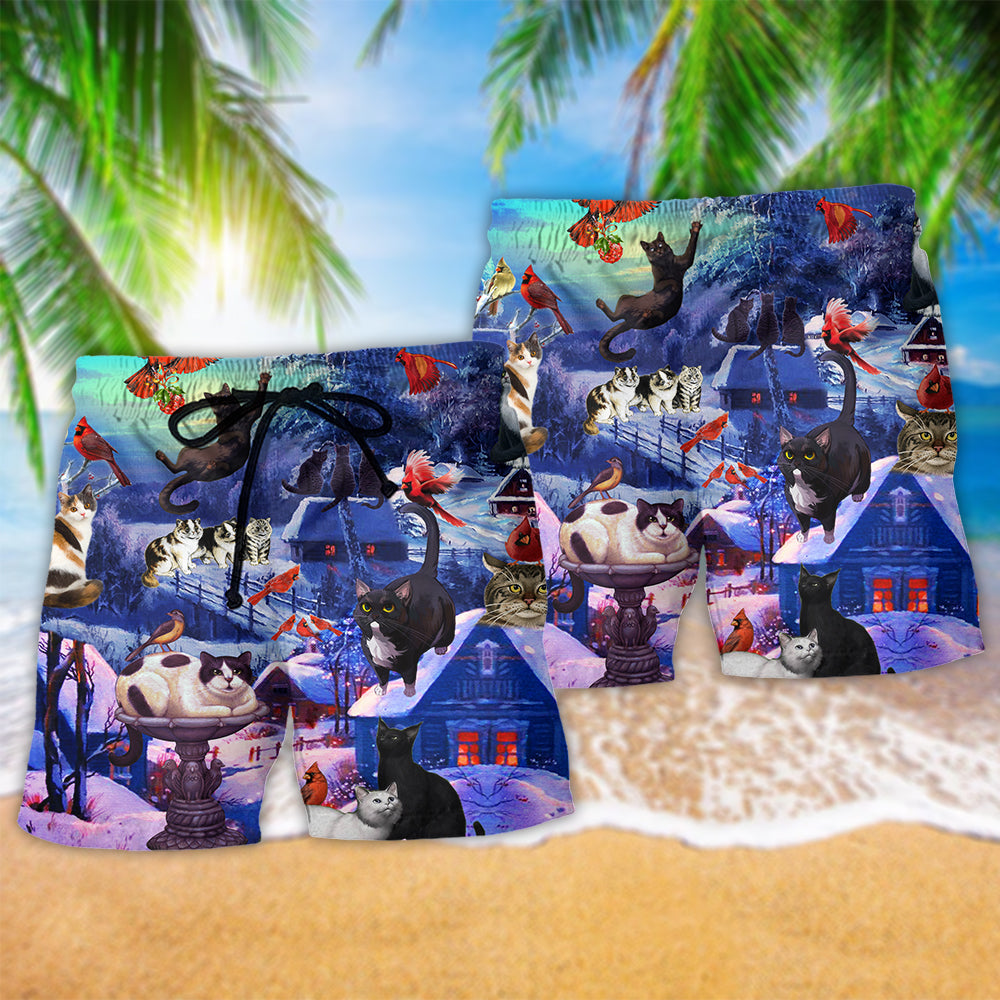 Cat Watching Cardinals Winter Beach Shorts Design Detail For Casual Warm Weather Outfits