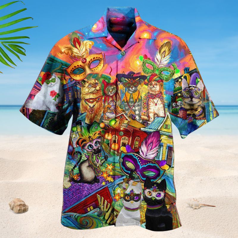 Cats Celebrate Mardi Gras Festival Hawaiian Shirt For Summer Vacation Beach Travel And Relaxed Casual Wear