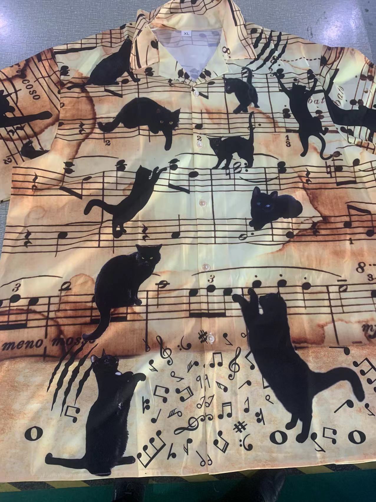 Black Vintage Cat Music Note Hawaiian Shirt For Coastal Adventures And Warm Weather Wear