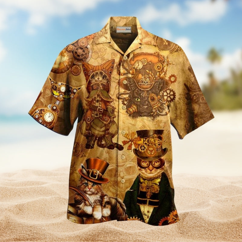 Funny Camping Cat Relaxed Hawaiian Shirt Tropical Styling View For Beach Days