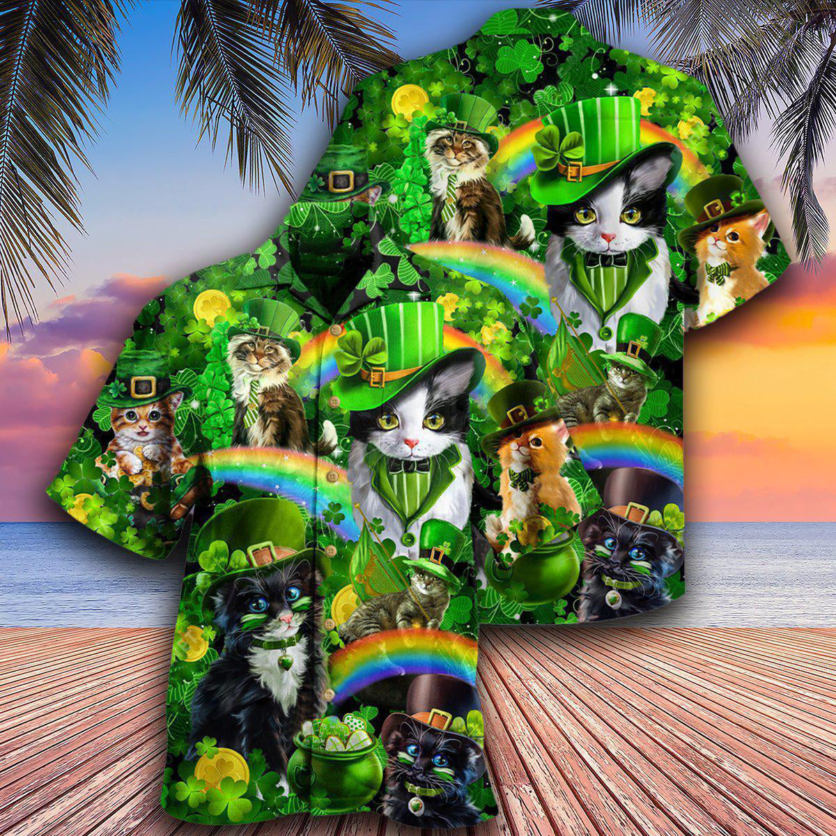 Irish Saint Patricks Day Cats Shamrocks Hawaiian Shirt For Beach Parties And Weekend Getaways