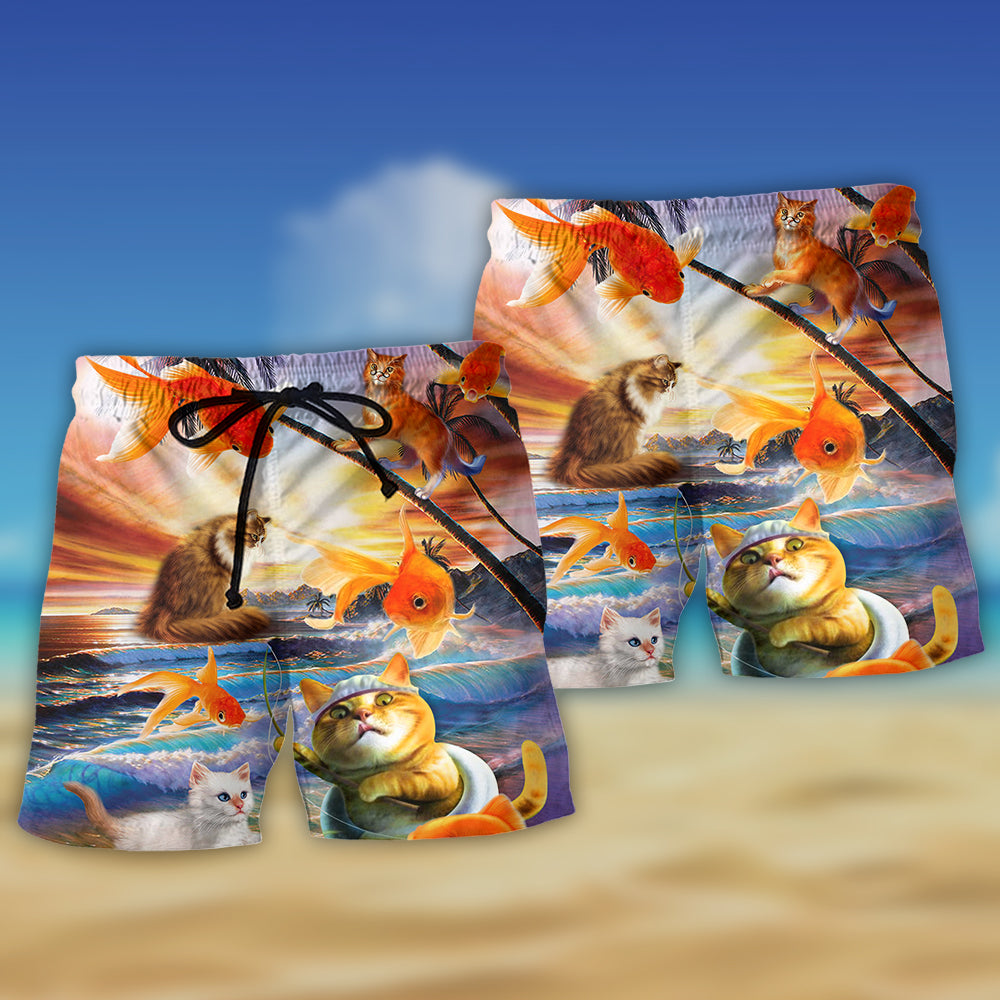 Cat Catching Fish Playful Beach Shorts Artwork Detail For Tropical Travel And Everyday Wear