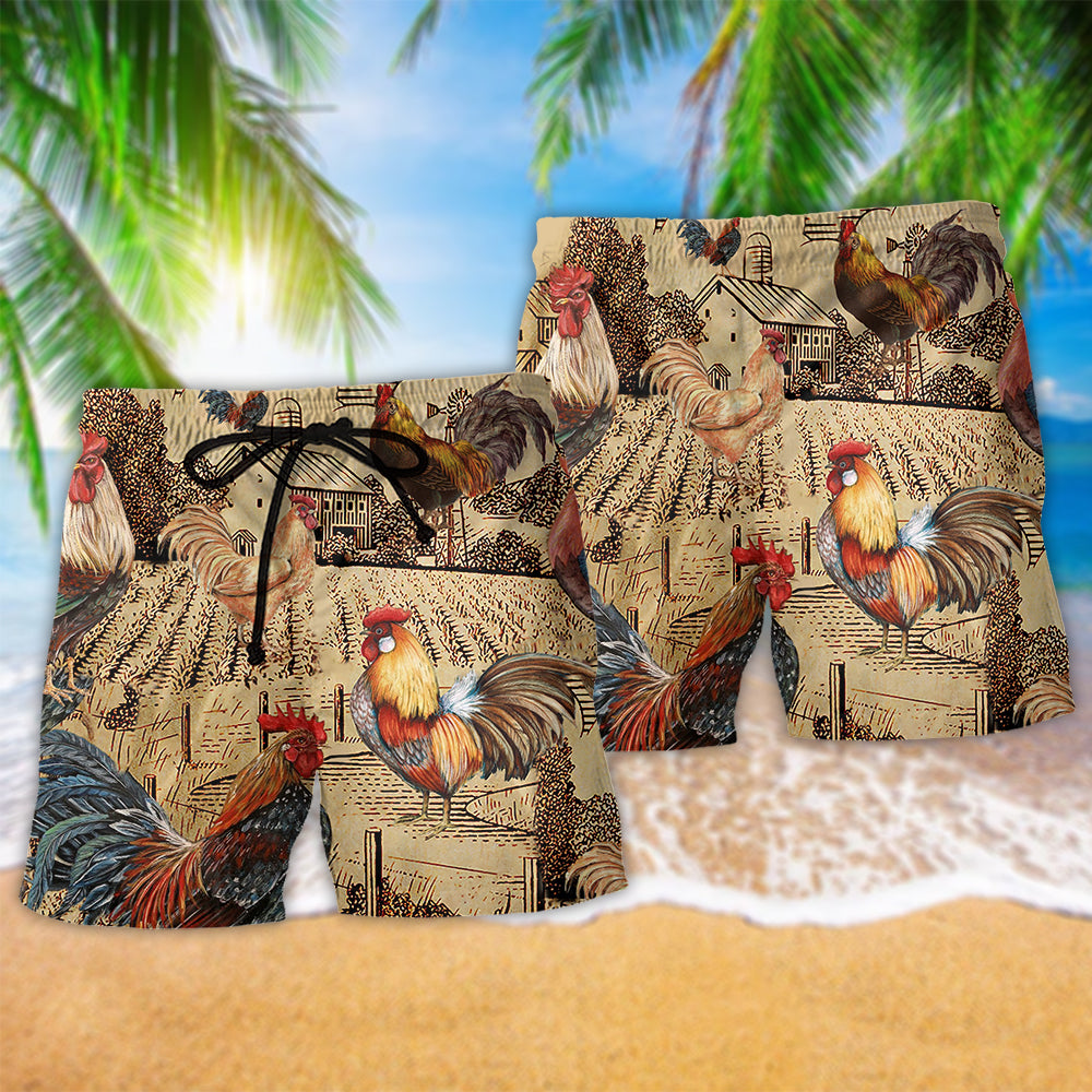 Chicken Farm Love Vintage Hawaiian Print Beach Shorts For Pet Lover Outdoor Comfort
