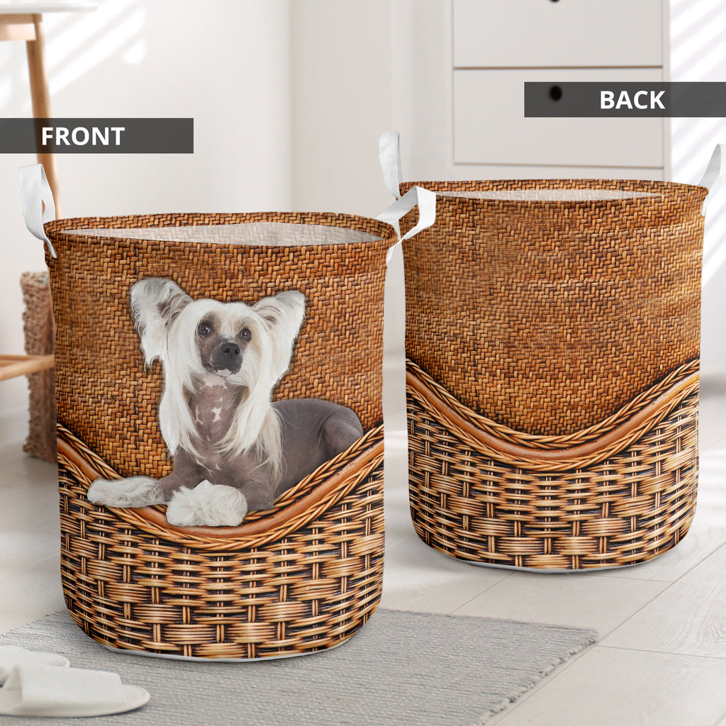 Chinese Crested Dog Rattan Texture Laundry Basket For Room Home Organizer