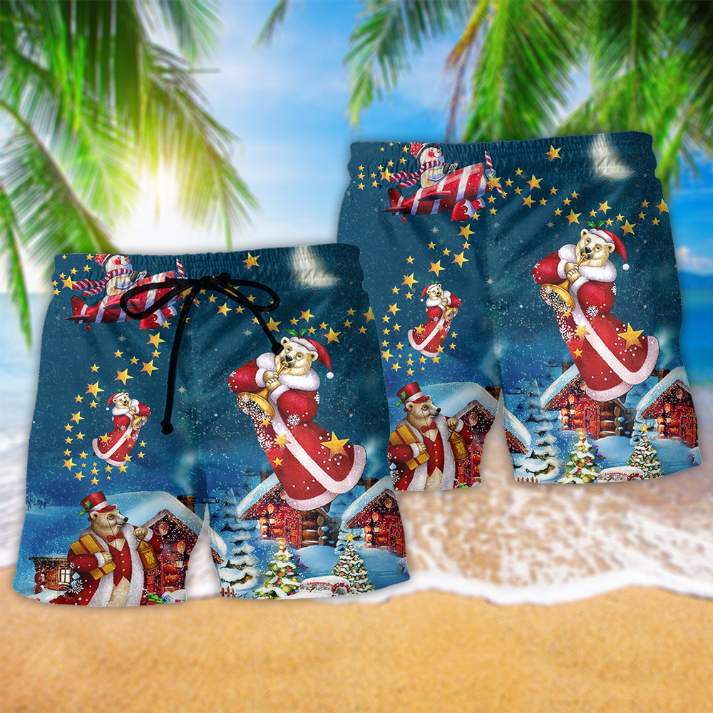 Christmas Bear Happy Santa Beach Shorts Artwork Detail For Christmas Trips And Gifting
