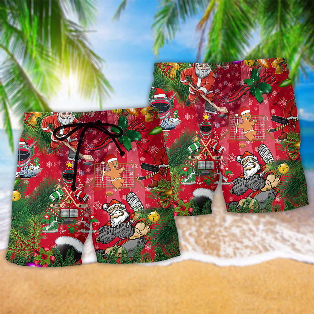 Christmas Hockey Santa Reindeer Beach Shorts Pattern View For Relaxed Vacation Styling