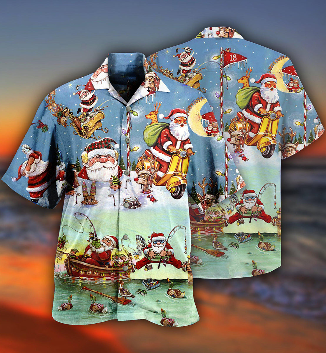Cute Festive Christmas Fishing Hawaiian Shirt Design Detail For Beach Days And Holiday Travel