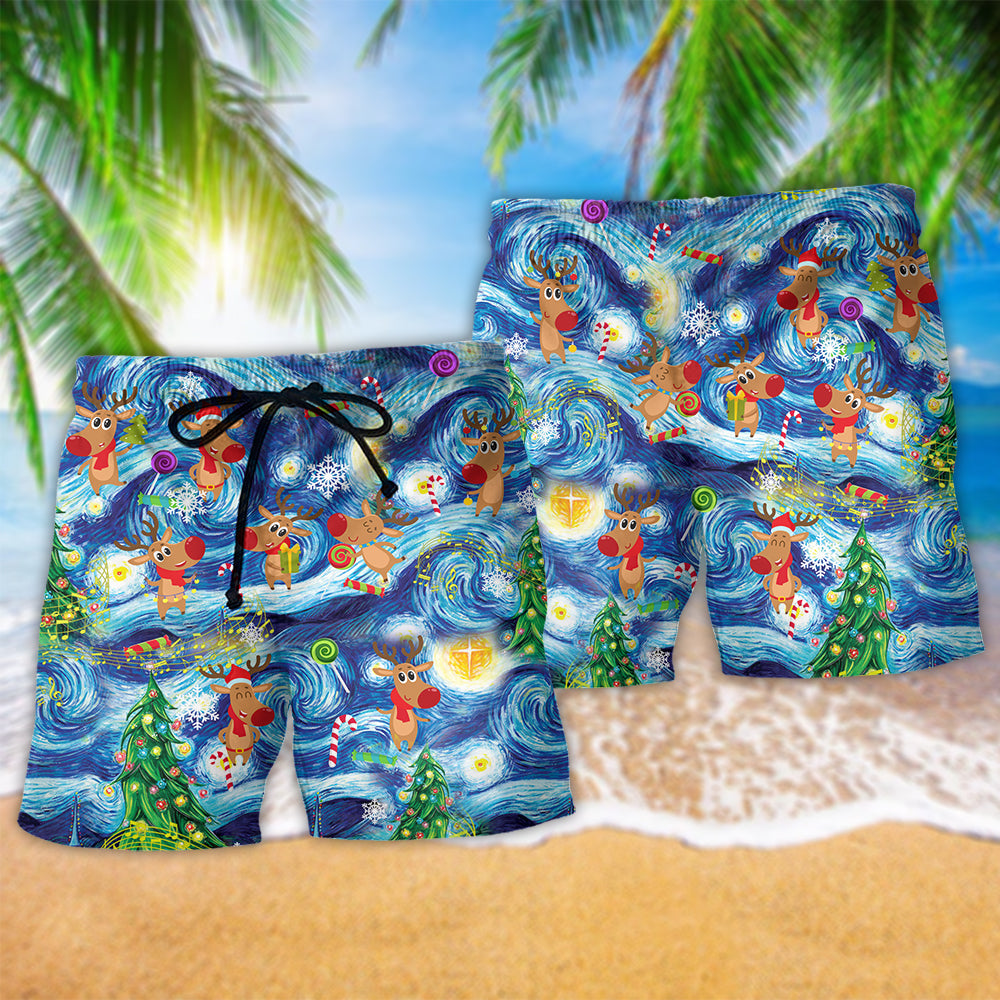 Christmas Dancing Reindeers Happy Hawaiian Print Beach Shorts For Seasonal Summer Travel
