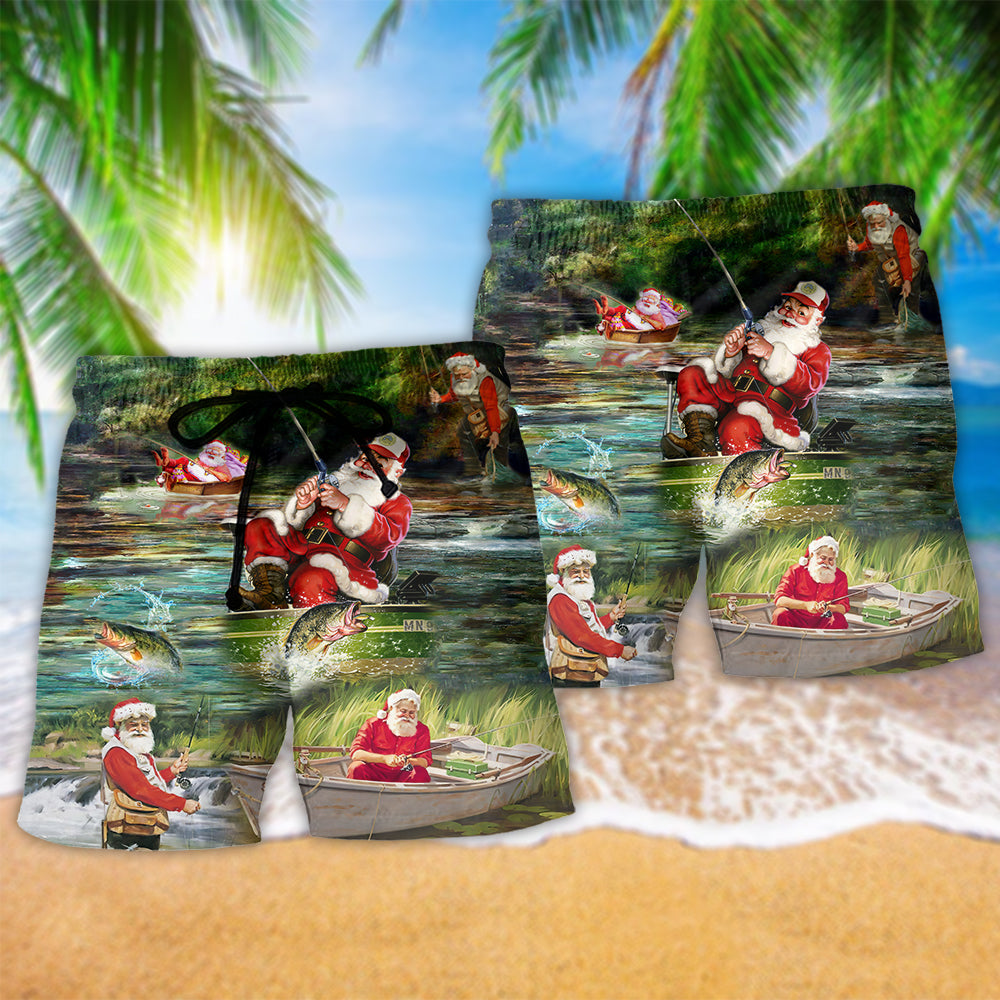 Christmas Fishmas Reel Fun Beach Shorts Artwork Detail For Casual Warm Weather Outfits