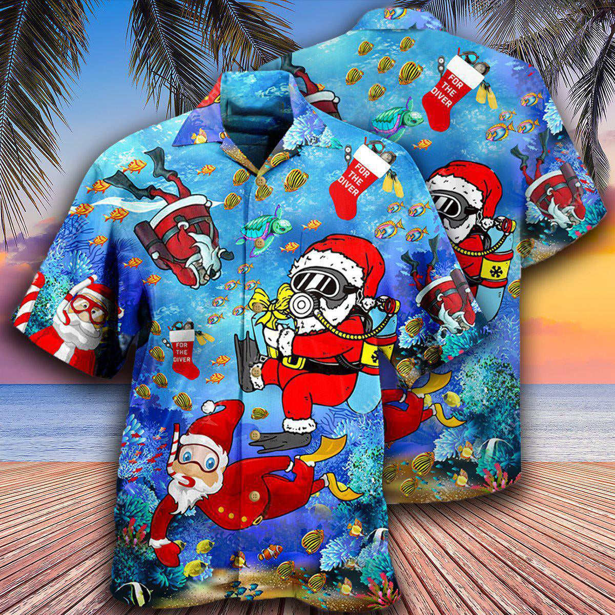 Festive Blue Christmas Dives Hawaiian Shirt Artwork Detail For Resort Trips And Outdoor Activities