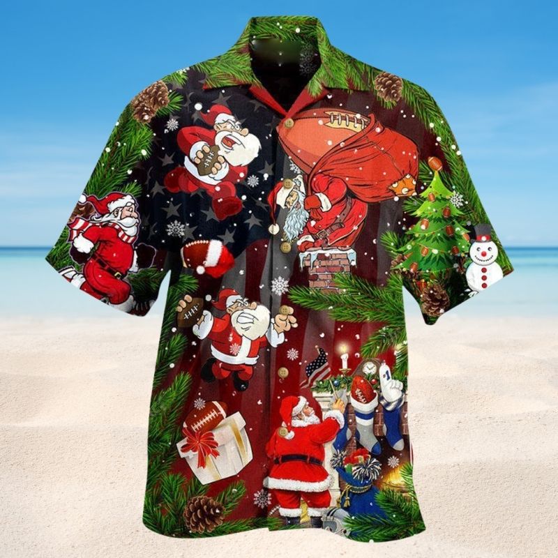 Christmas Santa Football Fan Hawaiian Shirt For Holiday Parties, Tropical Vacations, And Festive Gift Giving