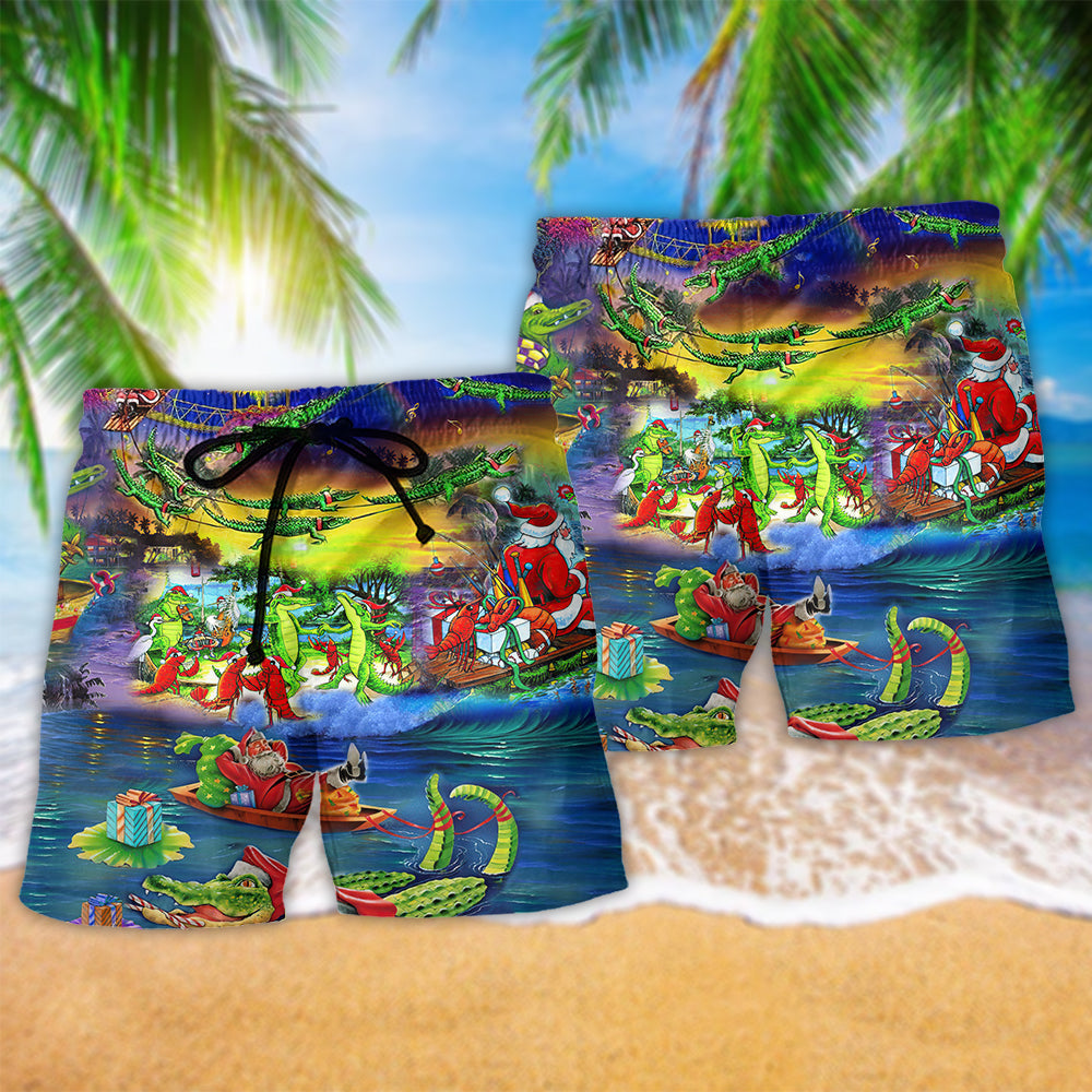 Santa Riding Alligator Christmas Beach Shorts For Summer Vacation And Coastal Travel