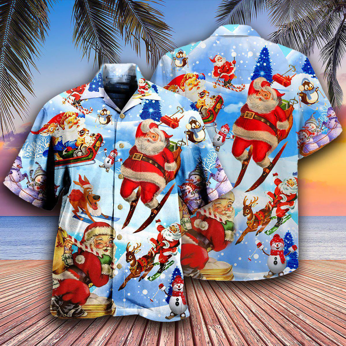 Festive Blue Christmas Skiing Hawaiian Shirt Design Detail For Sunny Adventures And Casual Wear