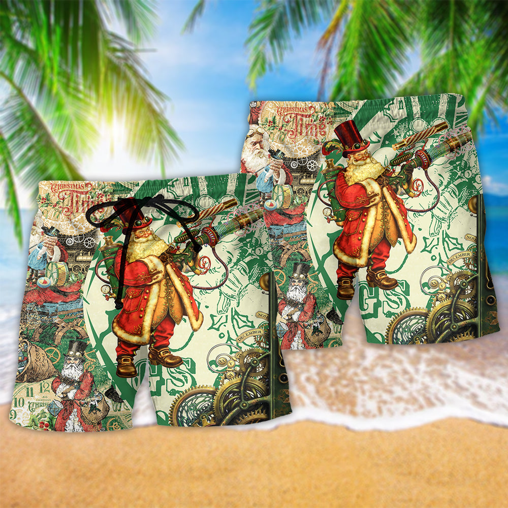 Christmas Steampunk Santa Beach Shorts Pattern View For Relaxed Vacation Styling