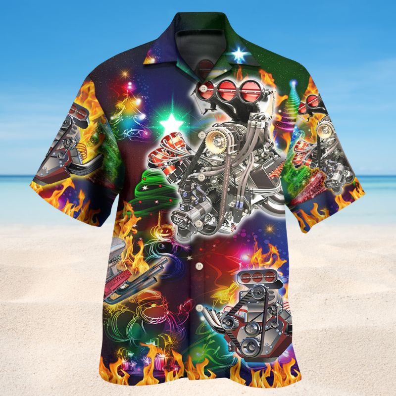 Christmas Tree Hot Rod Hawaiian Shirt For Festive Events, Island Vacations, And Comfortable Casual Outfits