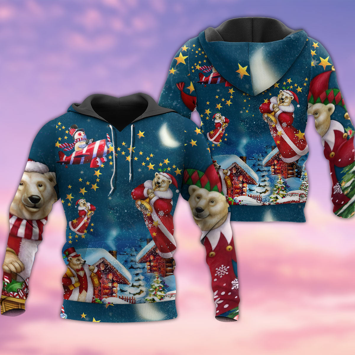 Bright Christmas Bear Santa Hoodie For Winter Streetwear Christmas Travel And Seasonal Home Gatherings