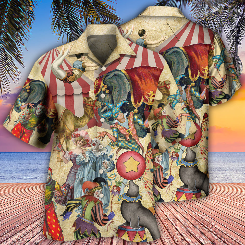 Playful Circus Hawaiian Shirt With All Over Print For Beach Parties Vacation Travel And Relaxed Casual Style