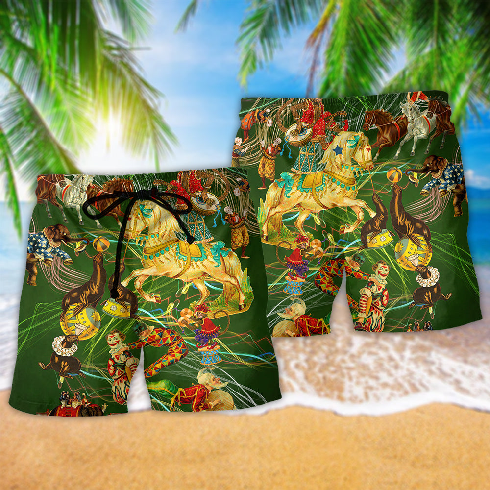 Circus Moments Beach Shorts Pattern Detail For Casual Outings And Memorable Gift Ideas