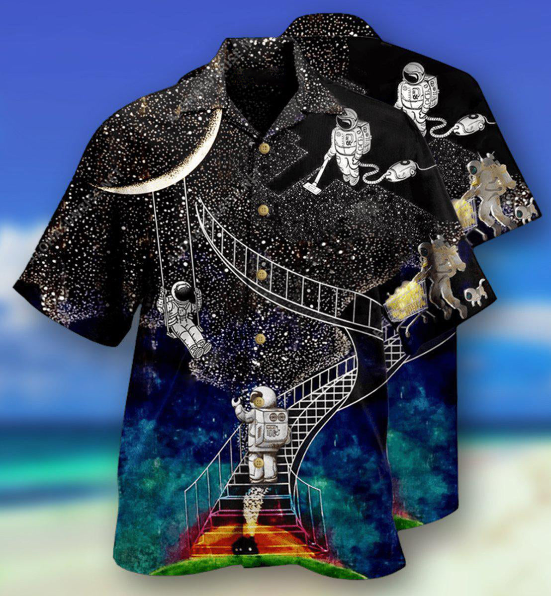 Astronaut Galaxy Climbing Moon Hawaiian Shirt Artwork Detail For Resort Trips And Outdoor Activities