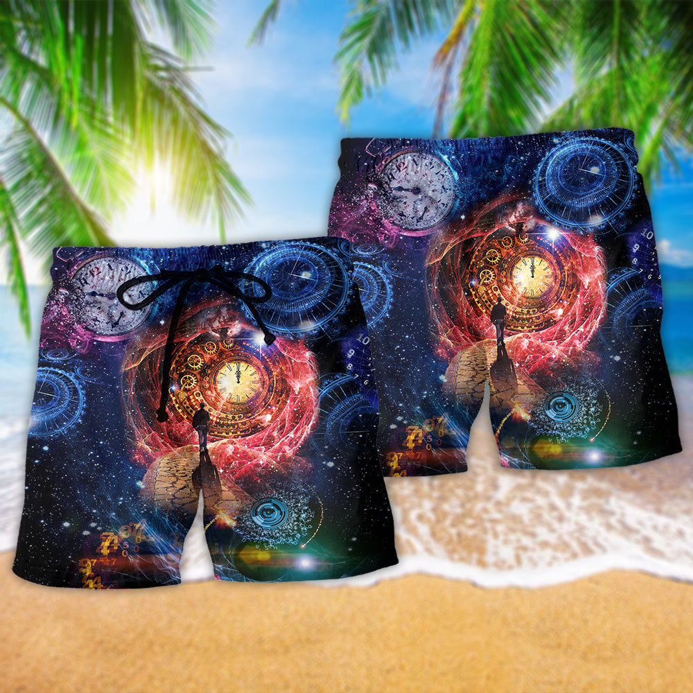 Time Flies Galaxy Clock Mystery Beach Shorts Pattern View For Vacation Travel And Outdoor Fun