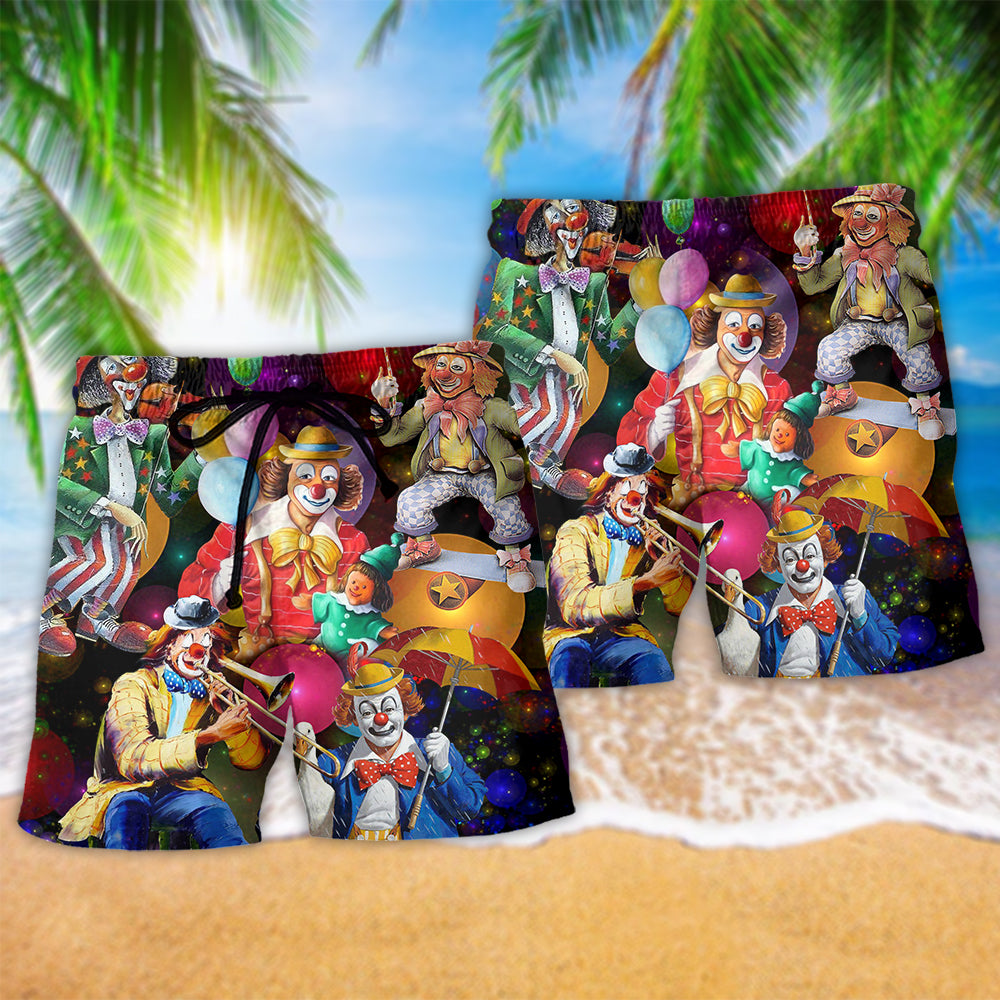 Clown Humor Night Beach Shorts Artwork Detail For Casual Warm Weather Outfits