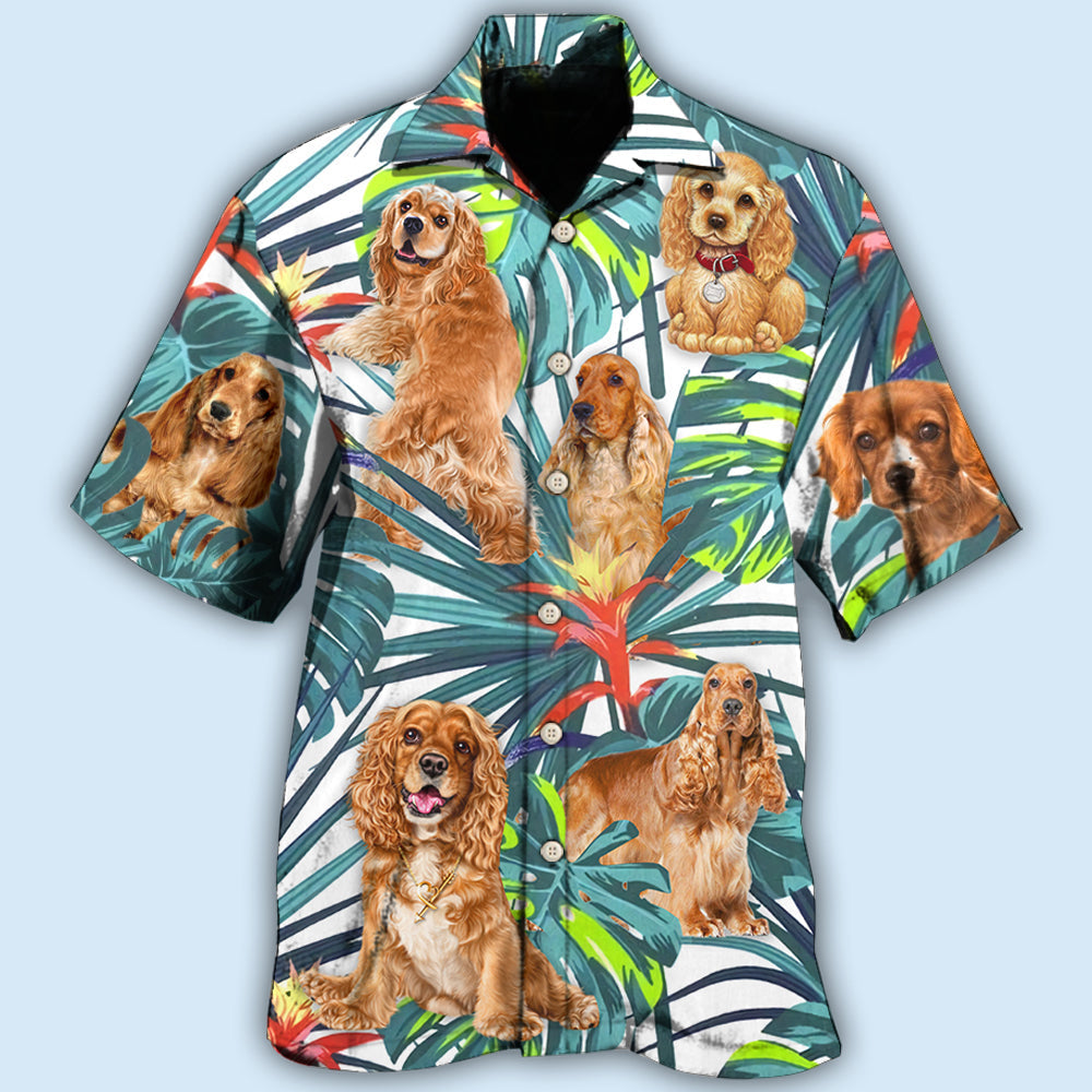 Tropical Cocker Spaniel Leaf Hawaiian Shirt For Summer Vacation, Beach Travel, And Casual Wear