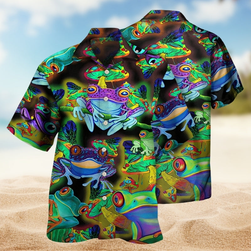 Colorful Frog Hawaiian Shirt For Beach Travel And Coastal Casual Wear