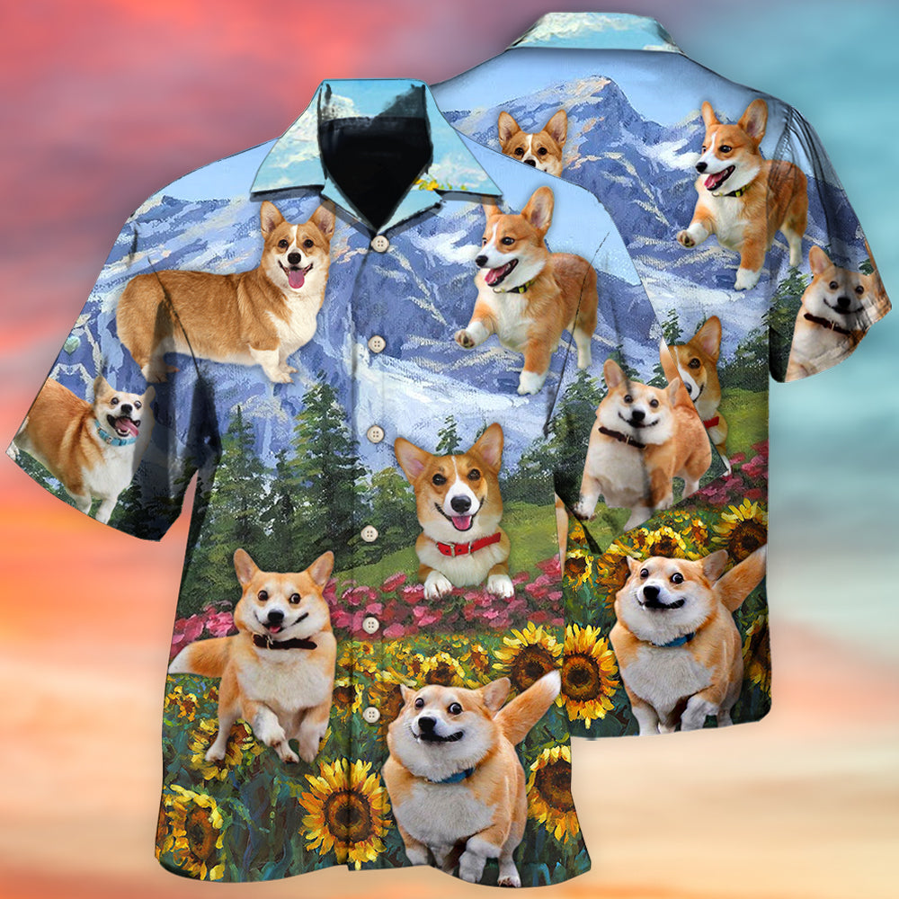 Floral Corgi Hawaiian Shirt With Detailed Graphic For Coastal Adventures Summer Events And Everyday Comfort