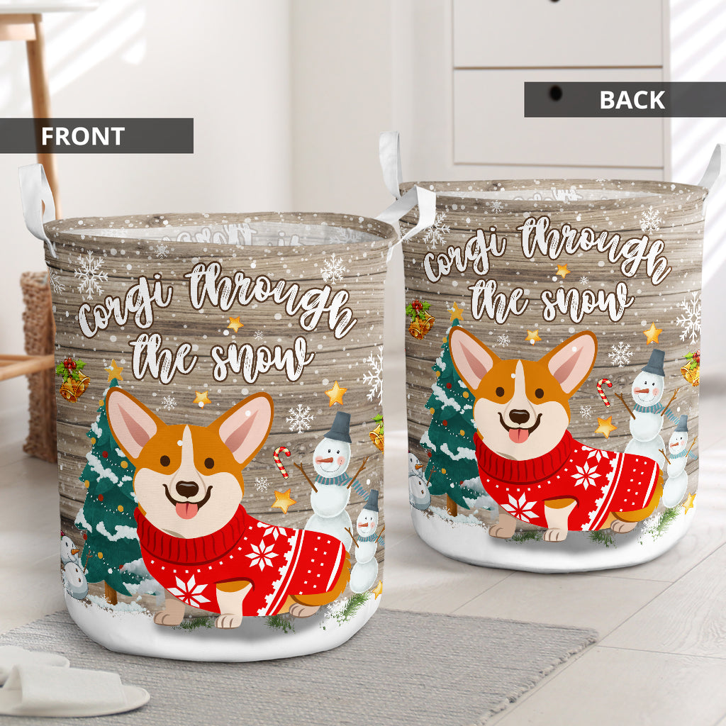 Corgi Through The Snow Laundry Basket For Room Home Organizer