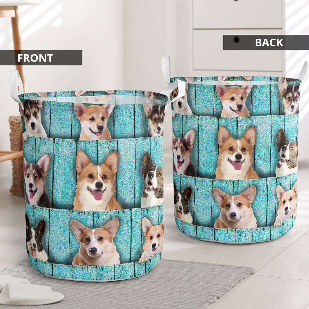 Corgi Wood Blue Style Laundry Basket For Room Home Organizer