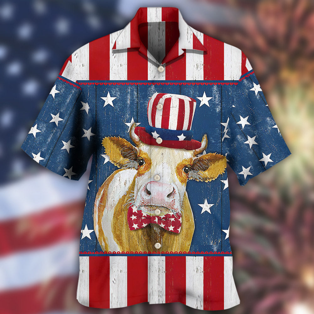 Funny Cow Independence Day Hawaiian Shirt Pattern Detail For Vacation Travel And Daily Wear