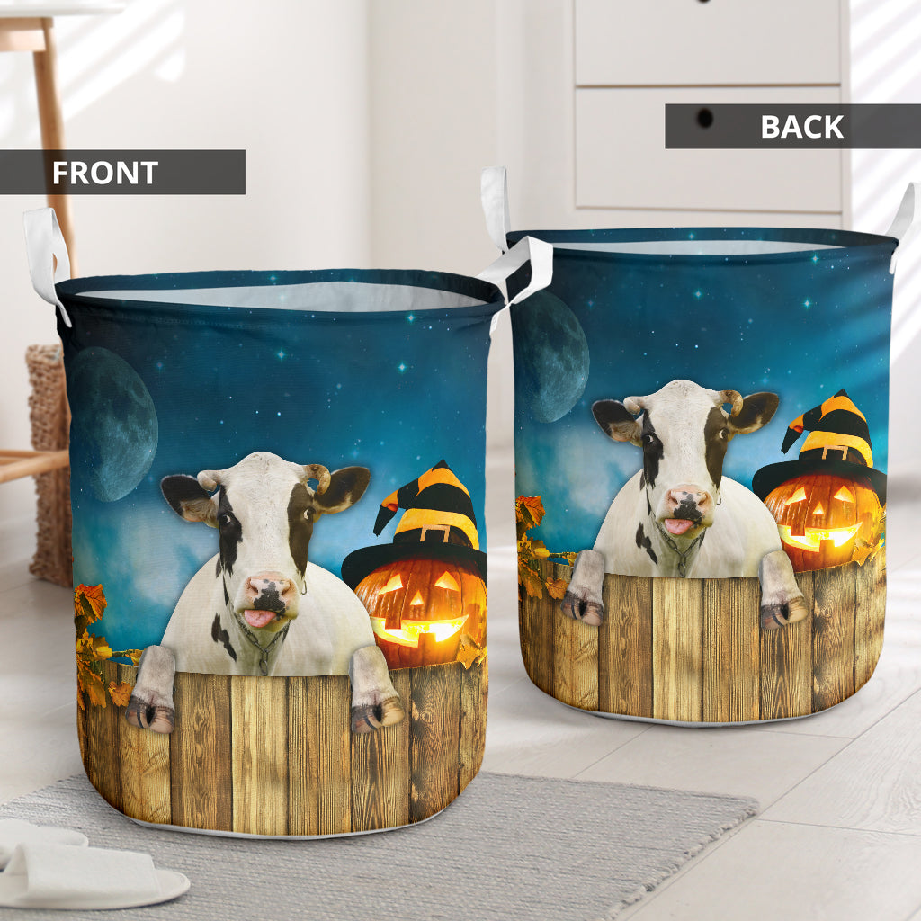 Cow And Pumpkin Halloween Night Laundry Basket For Room Home Organizer