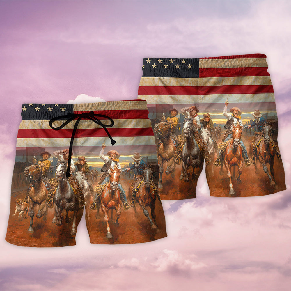 Happy Cowboy Independence Day Beach Shorts Artwork Detail For Tropical Travel And Everyday Wear