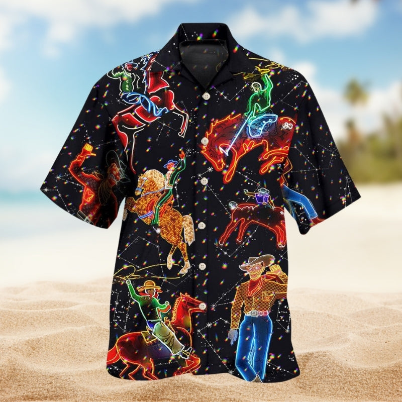 Cowboy Neon Western Glow Hawaiian Shirt For Warm Weather Outing, Cruise Journey, And Weekend Wear
