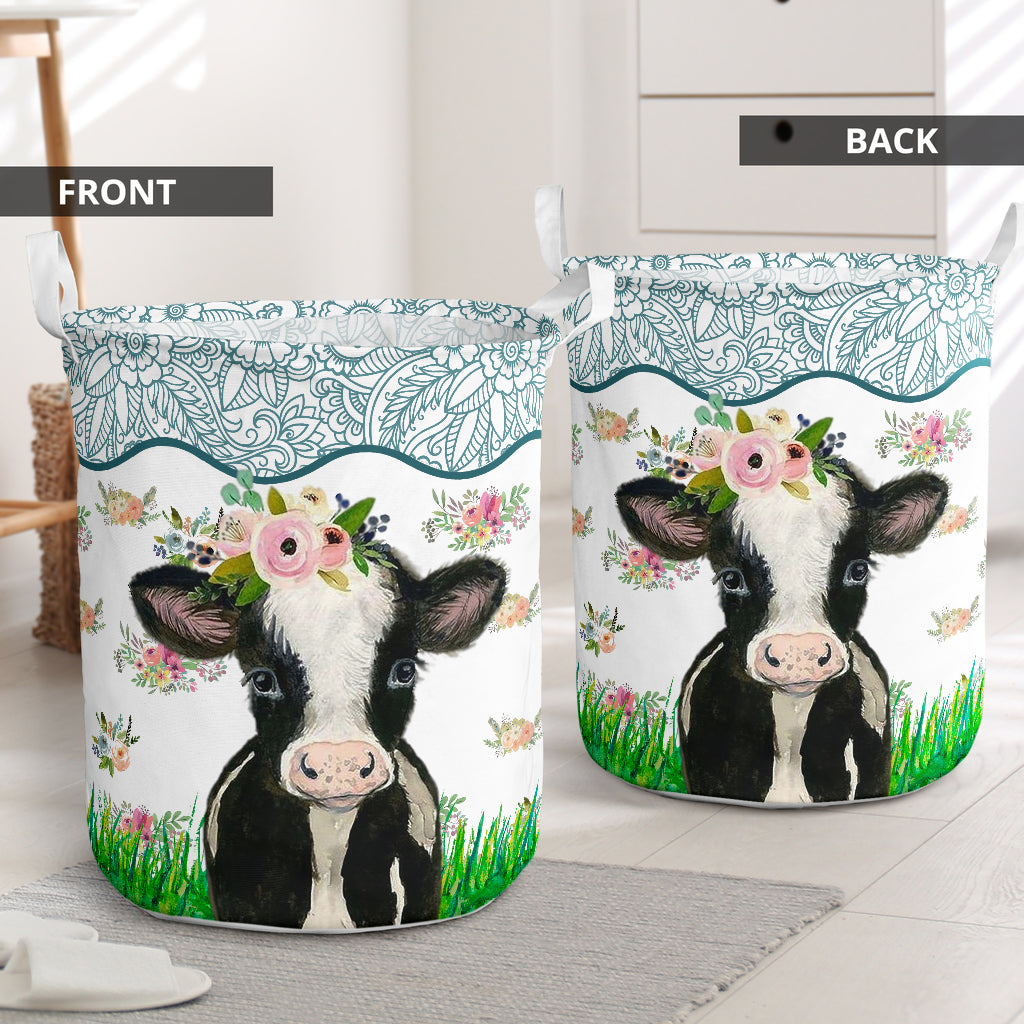 Cow Watercolor Flower Laundry Basket For Room Home Organizer