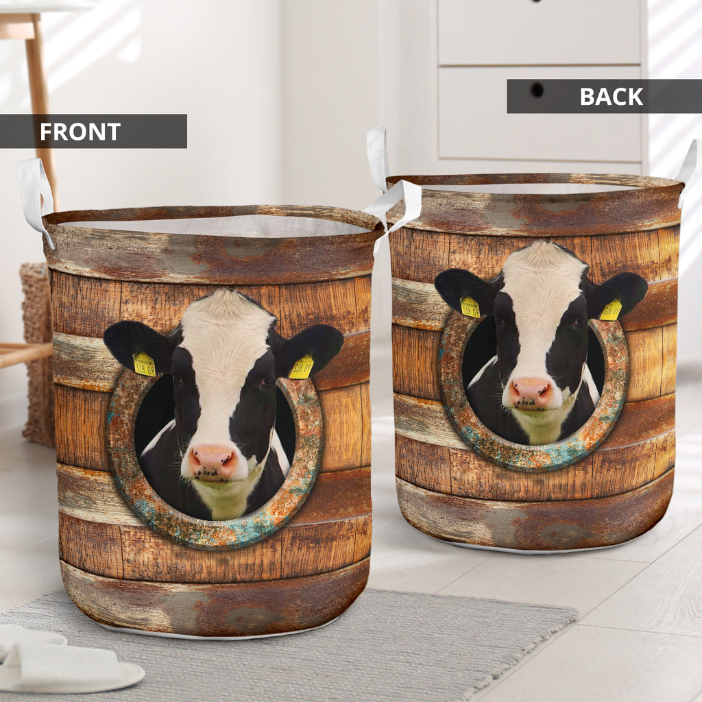Cow Wood Vintage Laundry Basket For Room Home Organizer