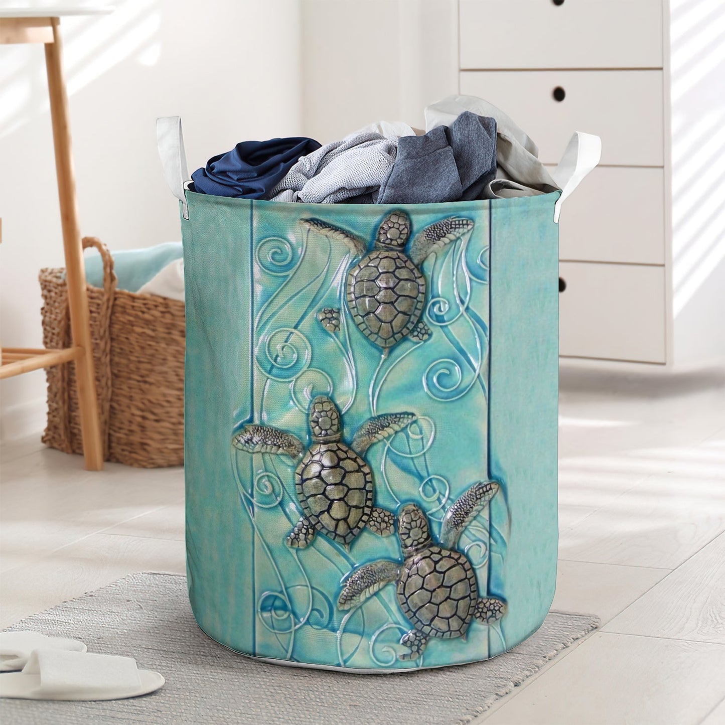 Creamic Turtle With Ocean Laundry Basket For Bathroom Bedroom Storage