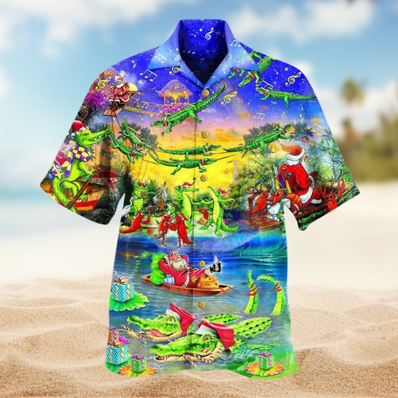 Christmas Santa Snowman Family Town Hawaiian Shirt Print Closeup For Resort Wear
