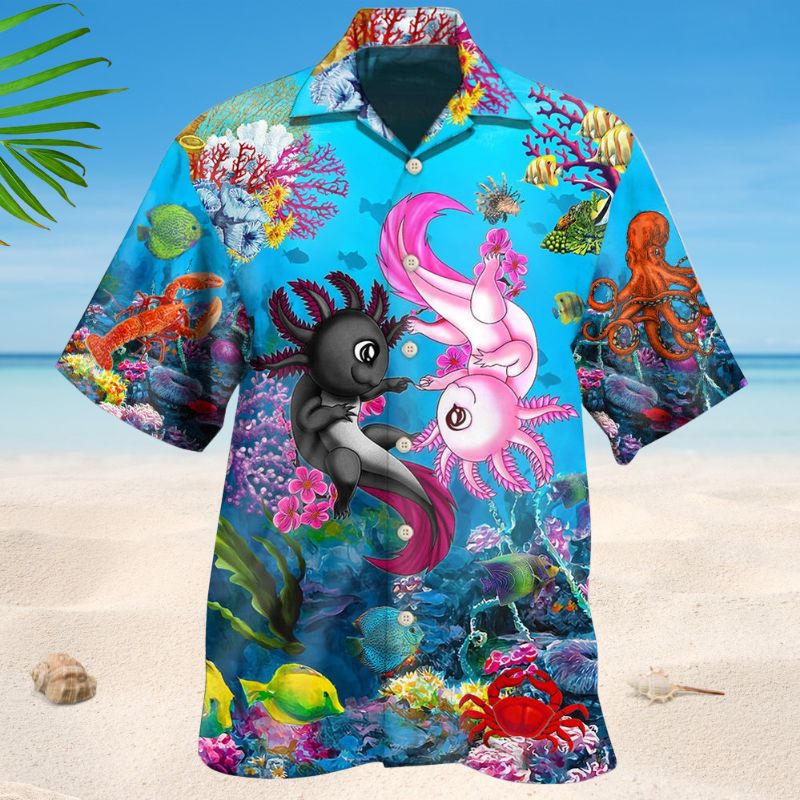 Cute Axolotl Blue Sea Hawaiian Shirt For Island Vacations, Resort Wear, And Relaxed Seasonal Style