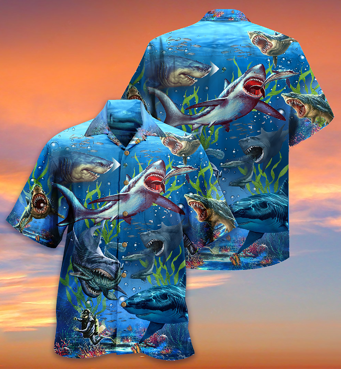 Shark Megalodon Alive Hawaiian Shirt Pattern View For Relaxed Warm Weather Outfits