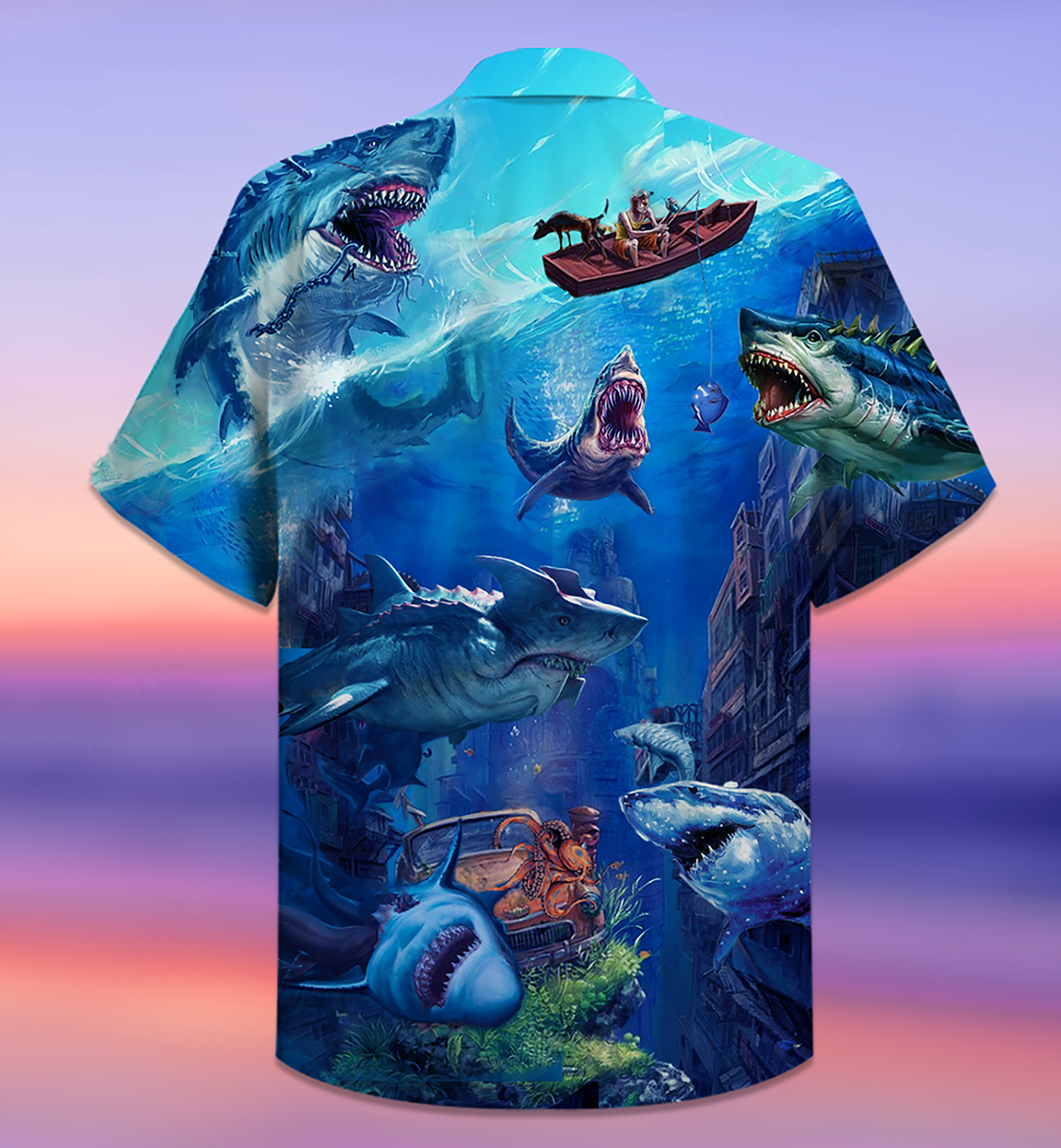 Blue Ship Shark Fishing Small Ocean Hawaiian Shirt Artwork Detail For Tropical Trips And Casual Outings