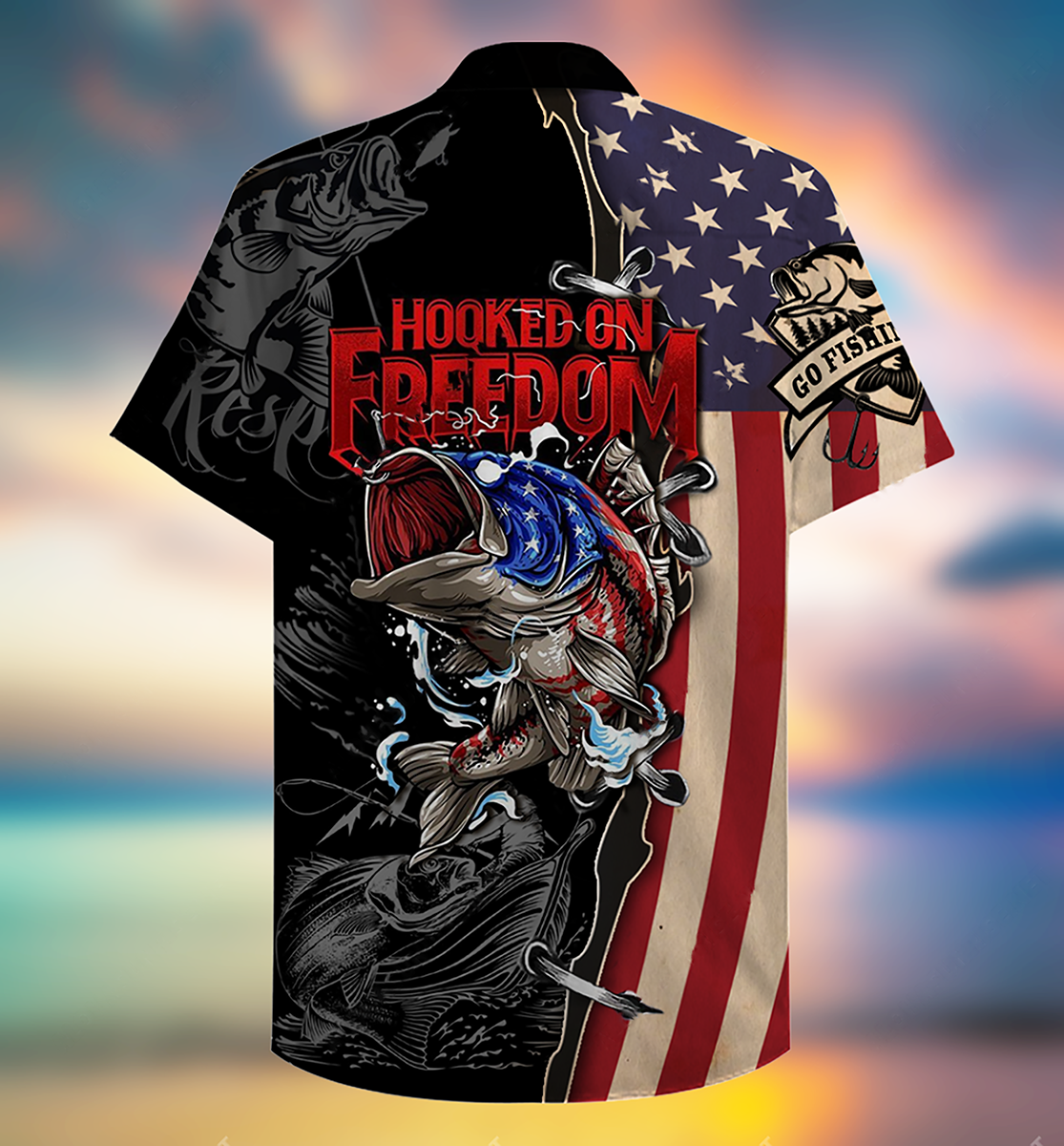 Fishing Hooked Freedom American Hawaiian Shirt Pattern View For Lightweight Everyday Style
