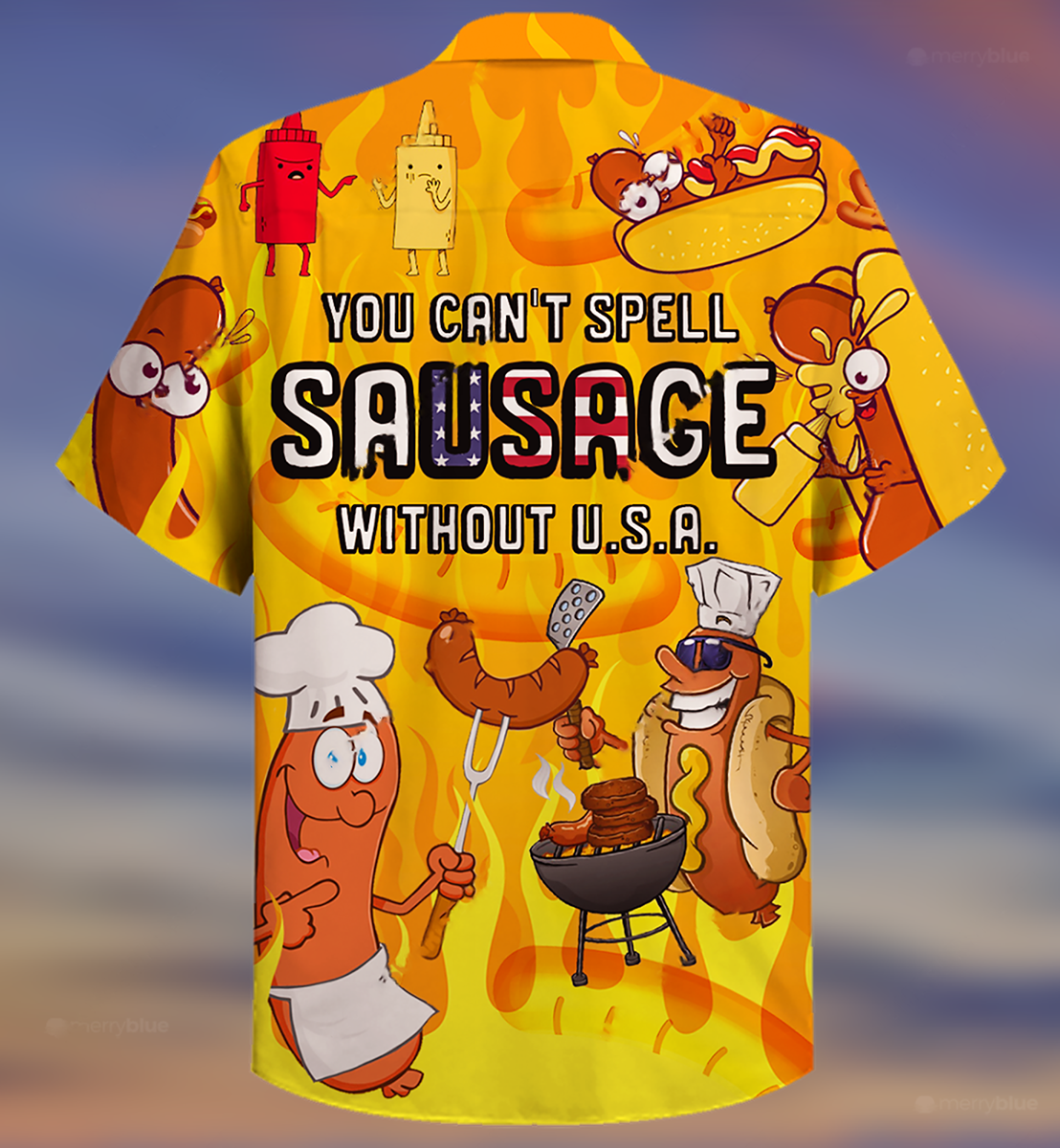 Funny Food Spell Sausage Without USA Hawaiian Shirt Pattern View For Lightweight Everyday Style
