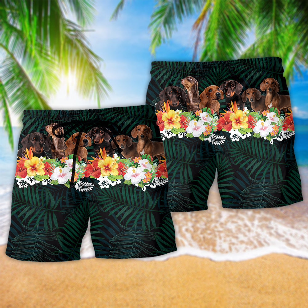 Green Tropical Dachshund Beach Shorts Pattern Detail For Seaside Leisure And Travel Ready Comfort