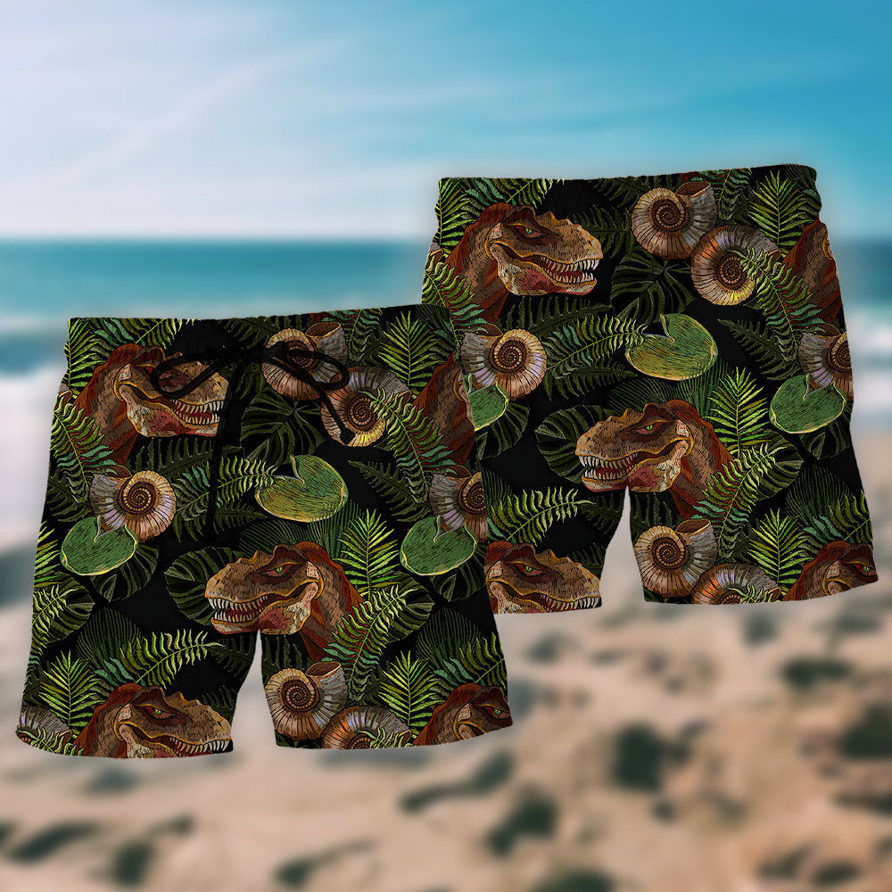 Dinosaur With Tropical Green Leaves Beach Shorts For Summer Vacation And Coastal Travel