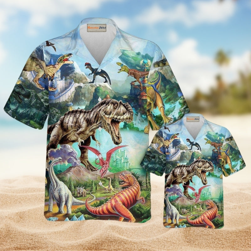 Dinosaurs World Summer Hawaiian Shirt For Beach Travel Wildlife Fans And Relaxed Warm Weather Wear