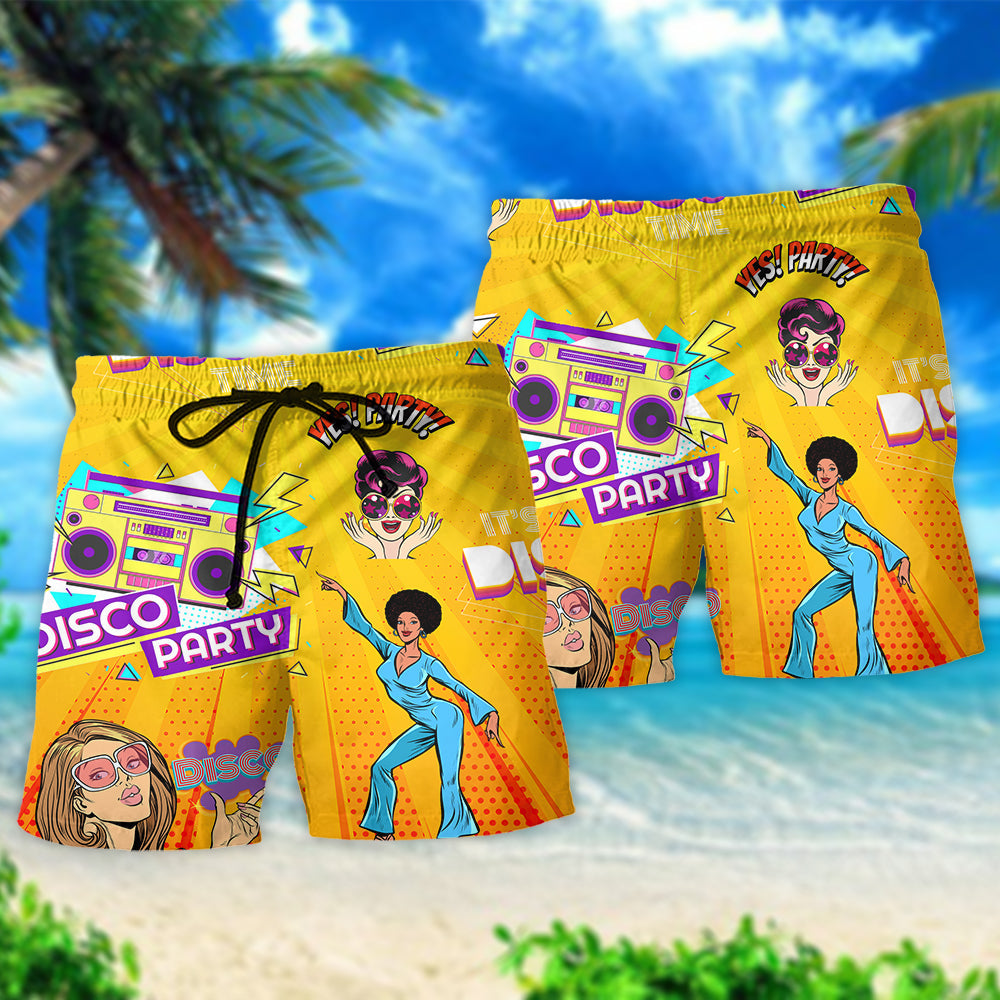 Disco Party Time Music Beach Shorts Design View For Summer Events And Coastal Getaways