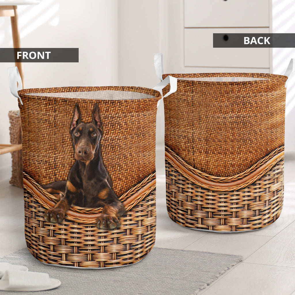 Doberman Pinscher Dog Rattan Texture Laundry Basket For Room Home Organizer