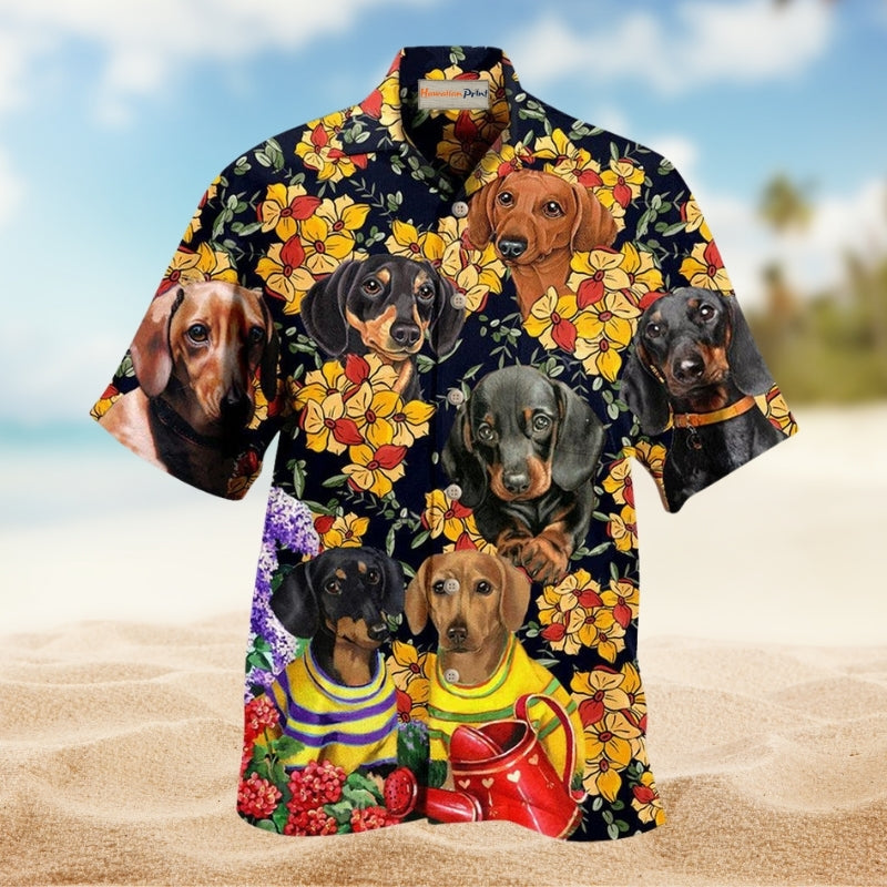 Dogs Dachshund And Flowers Hawaiian Shirt For Tropical Travel Outdoor Parties And Relaxed Casual Wear