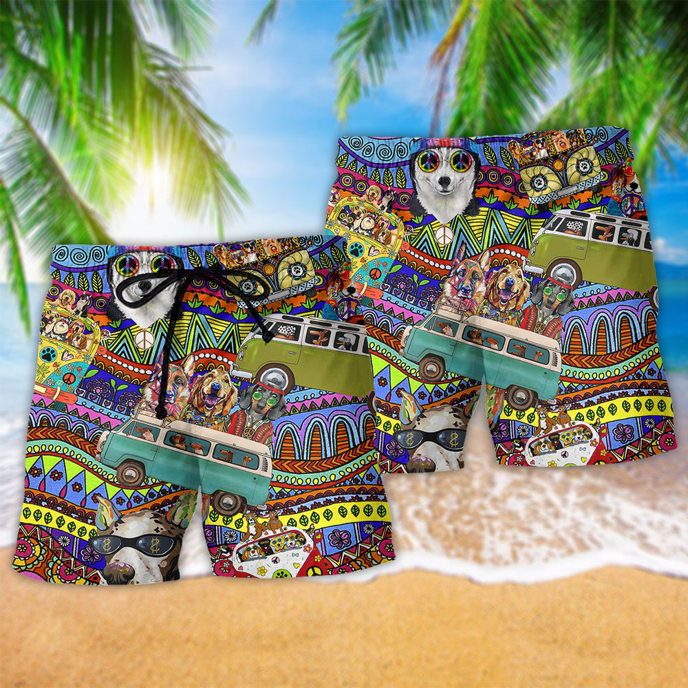 Dogs Love Life Colorful Bus Beach Shorts Pattern View For Resort Days And Outdoor Activities